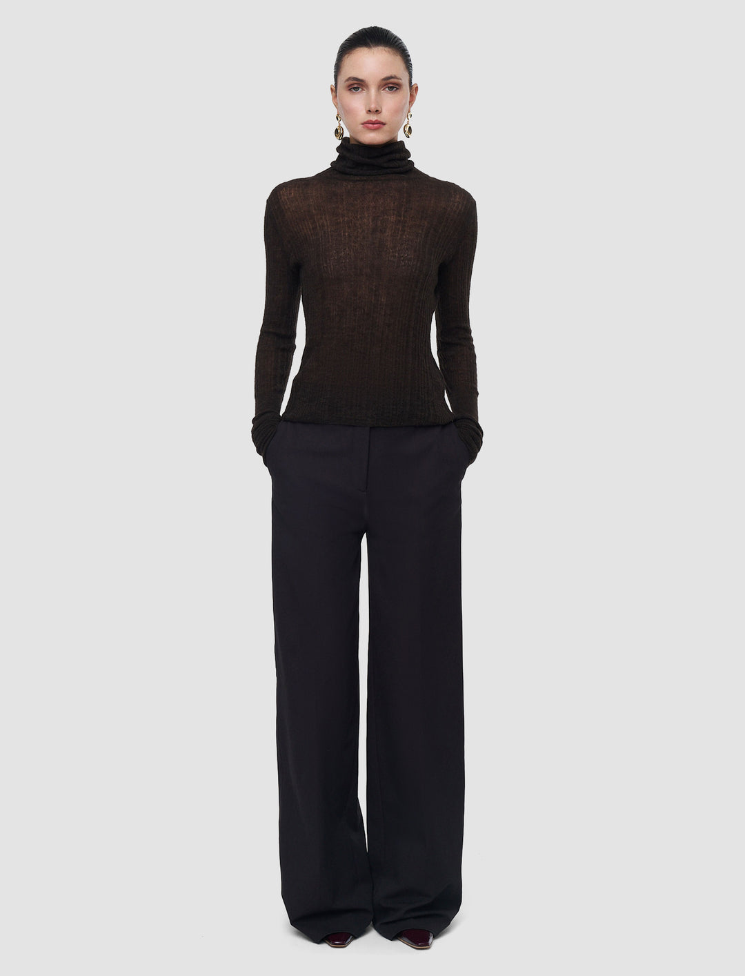 Molony Sheer Wool Rib Jumper in Brown | JOSEPH GB
