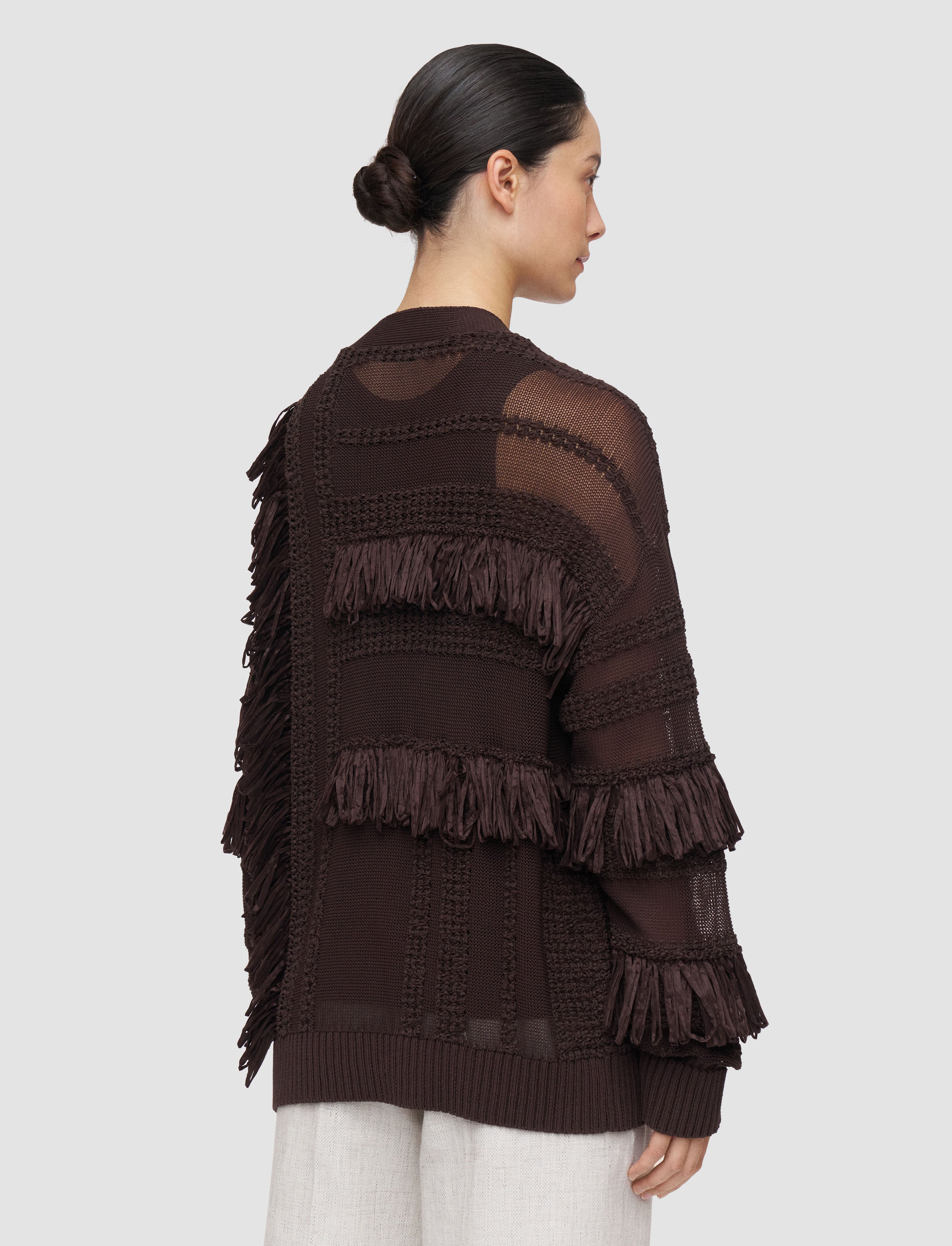 Musa Cotton Raffia Fringe Cardigan in Brown | JOSEPH US
