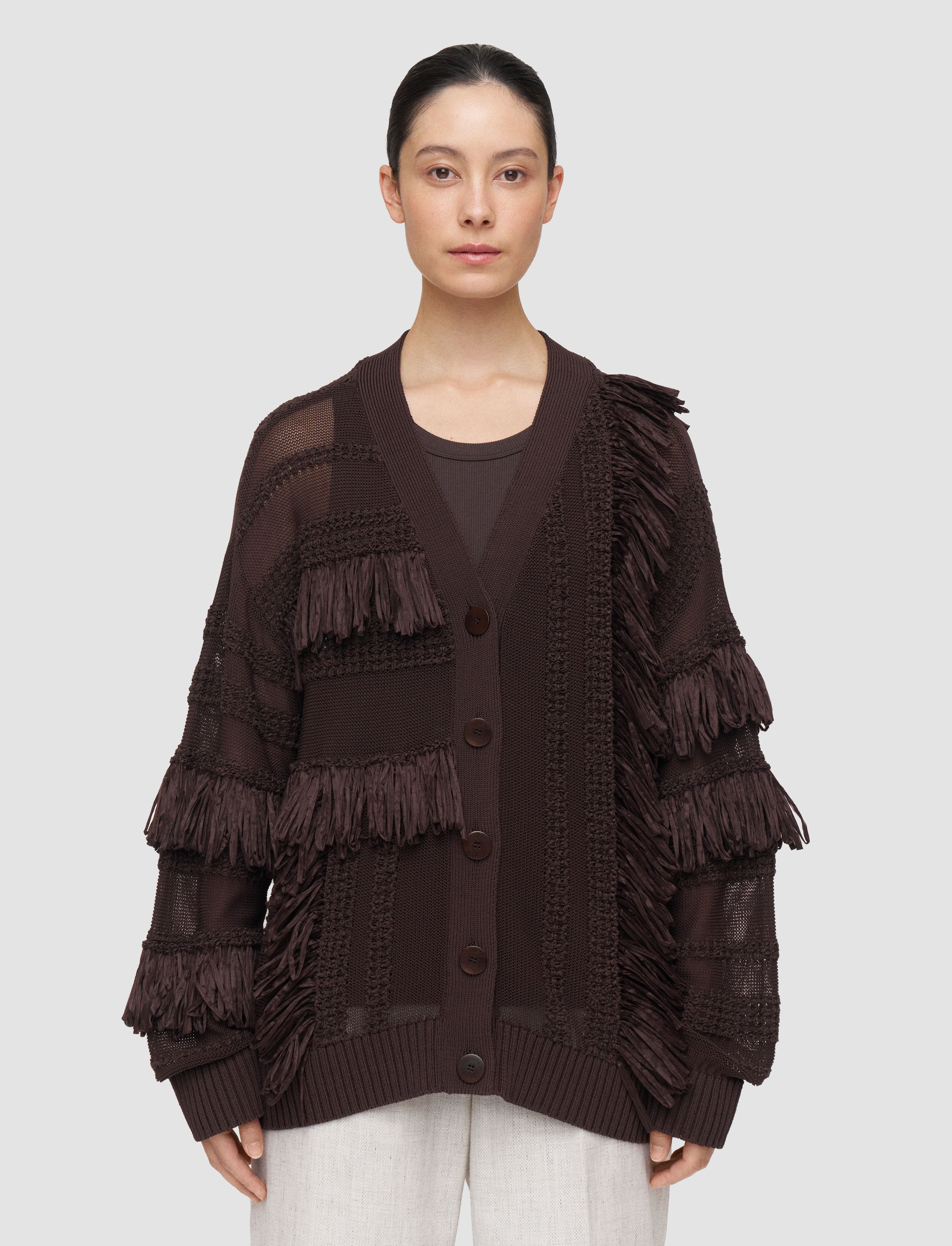 Musa Cotton Raffia Fringe Cardigan in Brown | JOSEPH GB