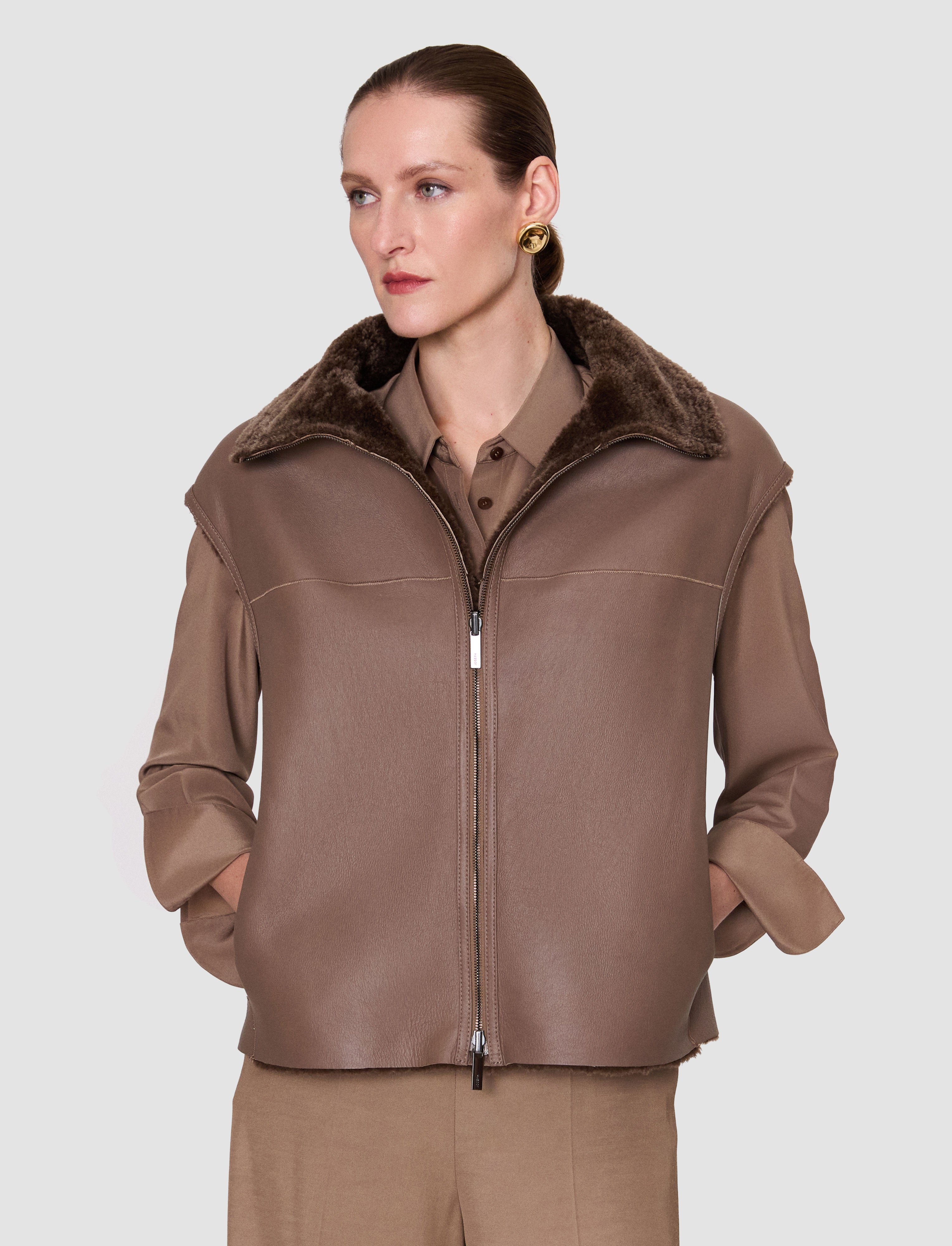 Nico Reversible Textured Shearling Gilet in Brown | JOSEPH US