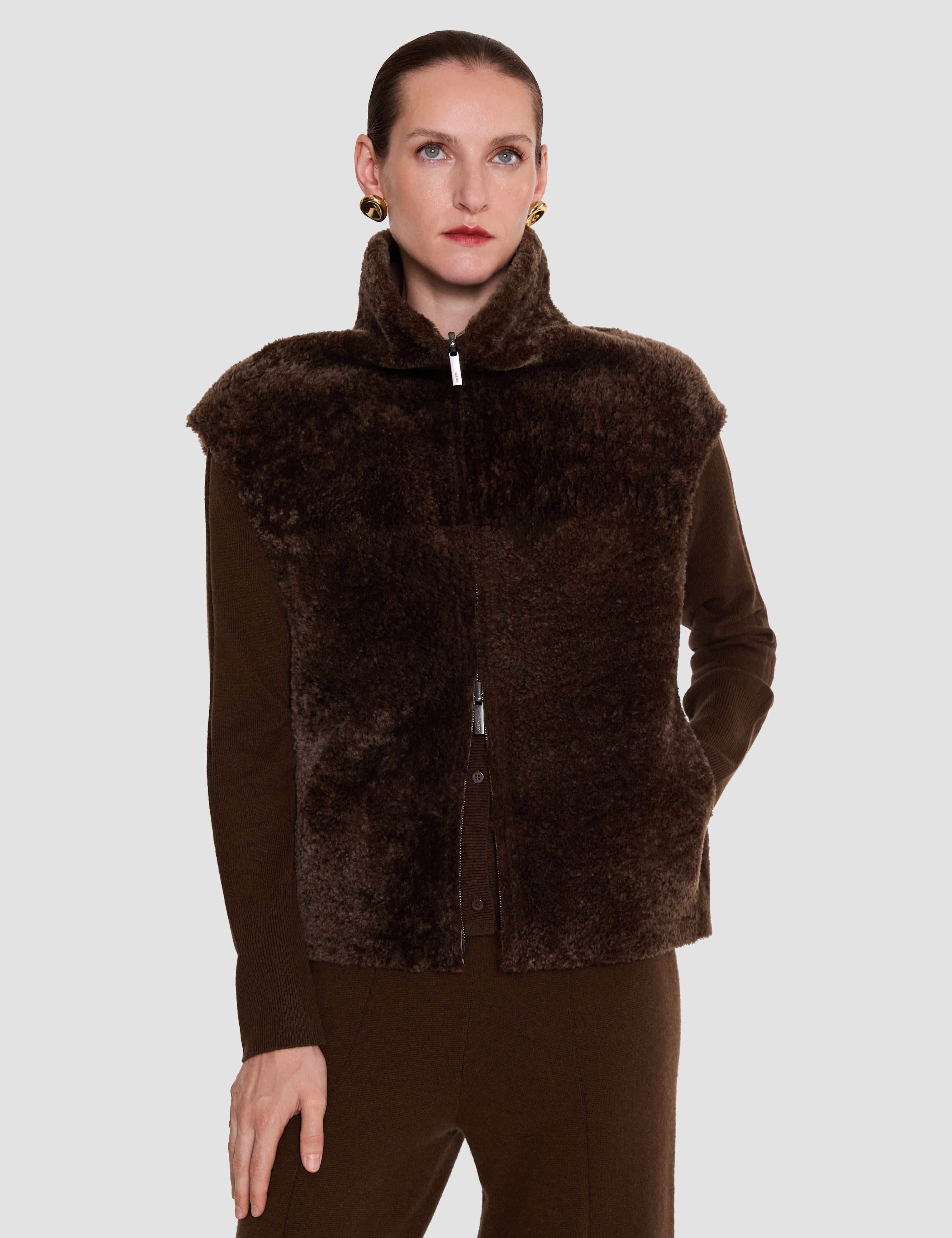 Brown Nico Reversible Textured Shearling Gilet - Joseph