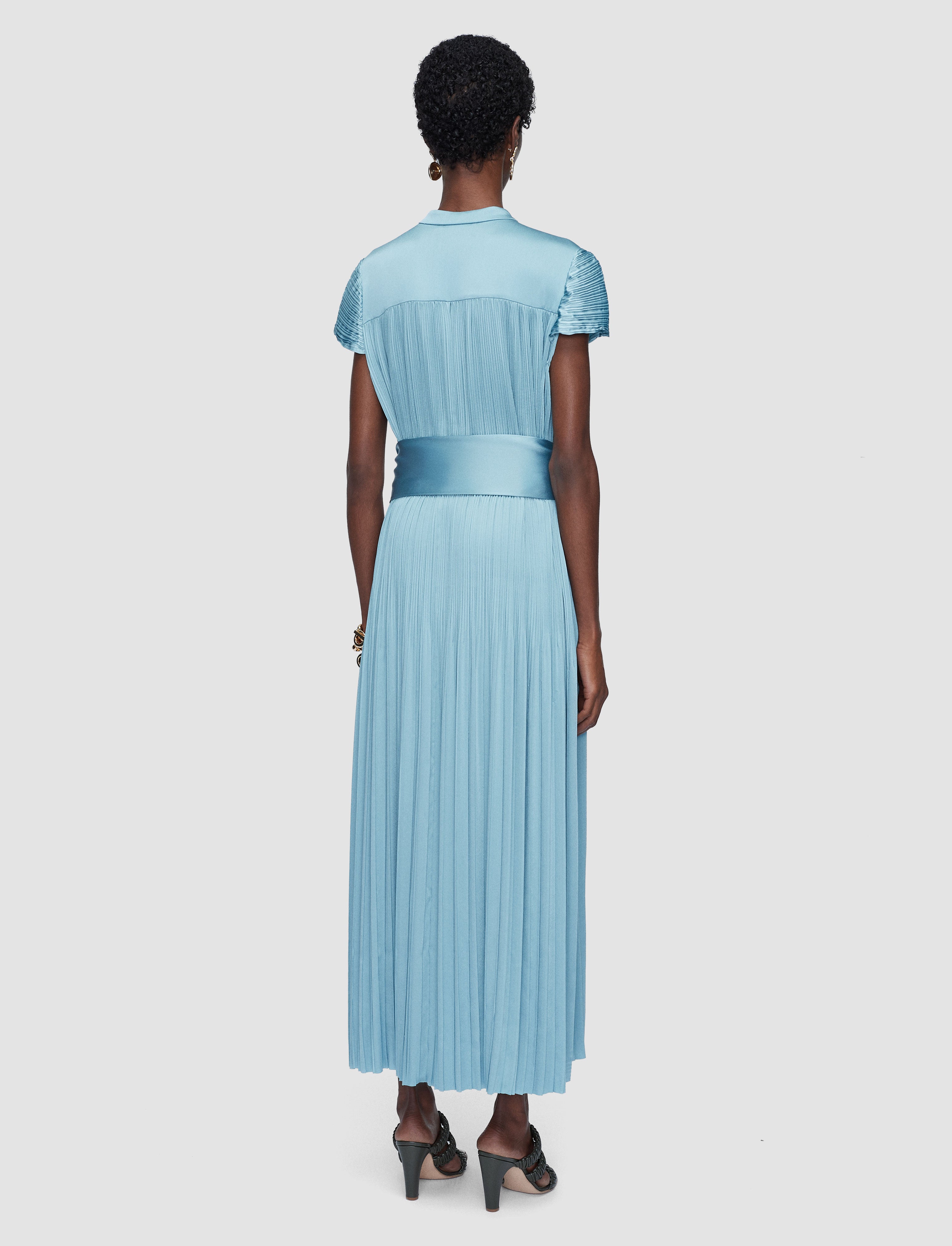 Phare Pleated Satin Dress in Blue | JOSEPH US