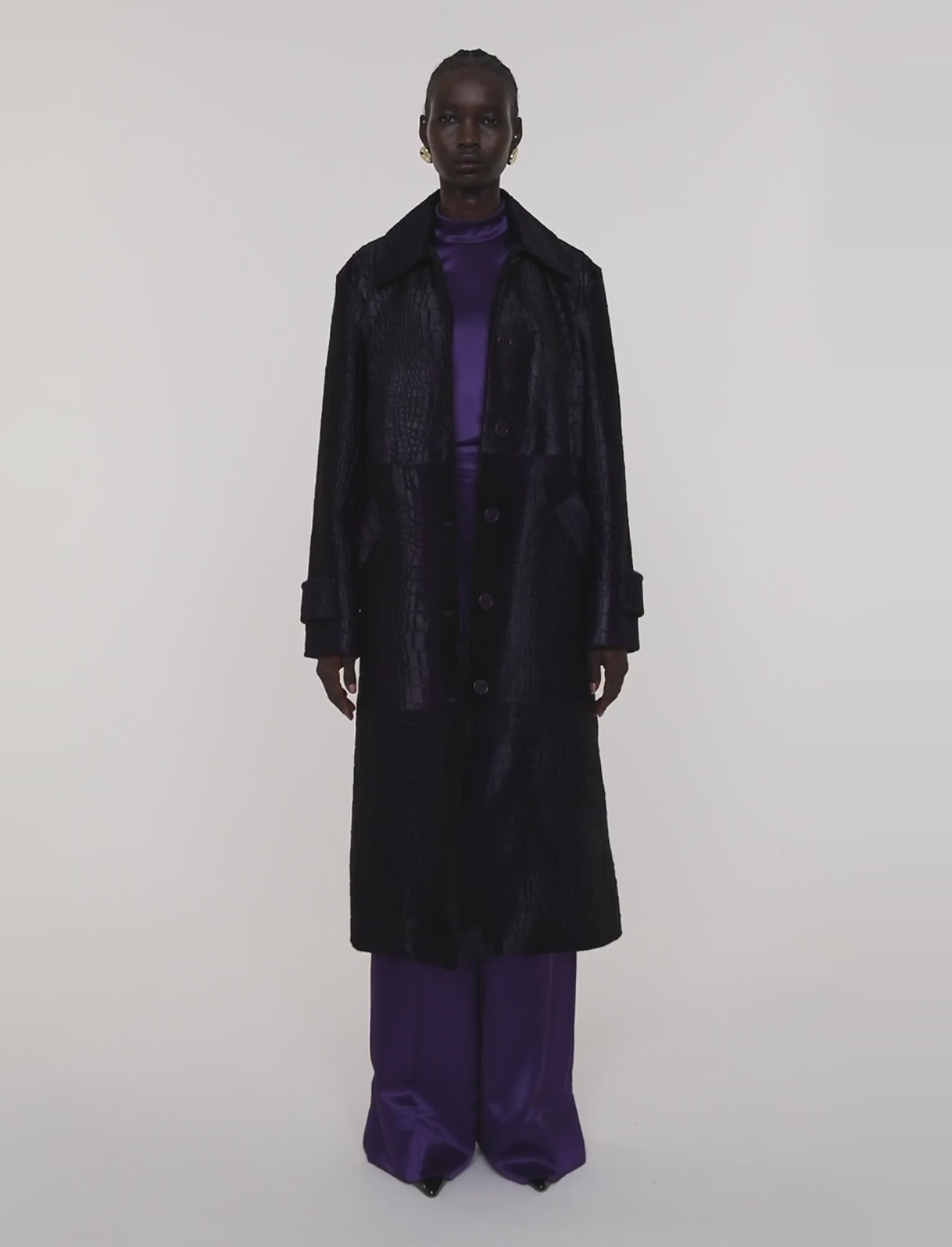 Auger Embossed Croc Calf Hair Coat in Purple | JOSEPH US