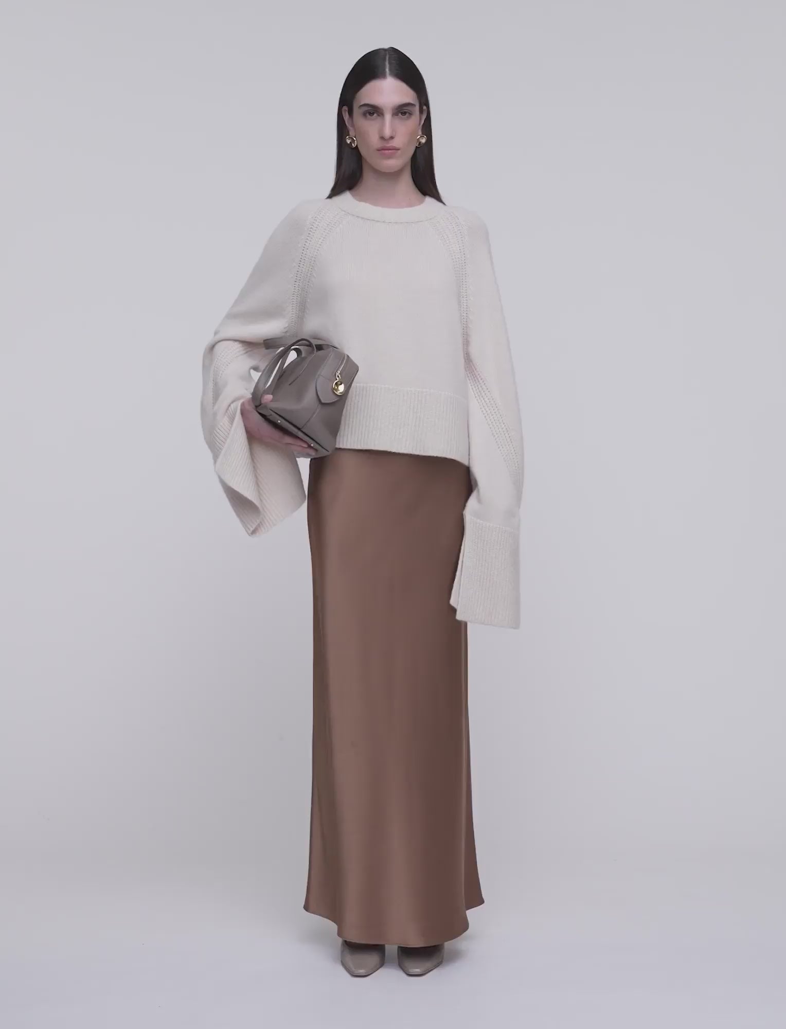 Isaak Long Silk Satin Skirt in Brown | JOSEPH AT