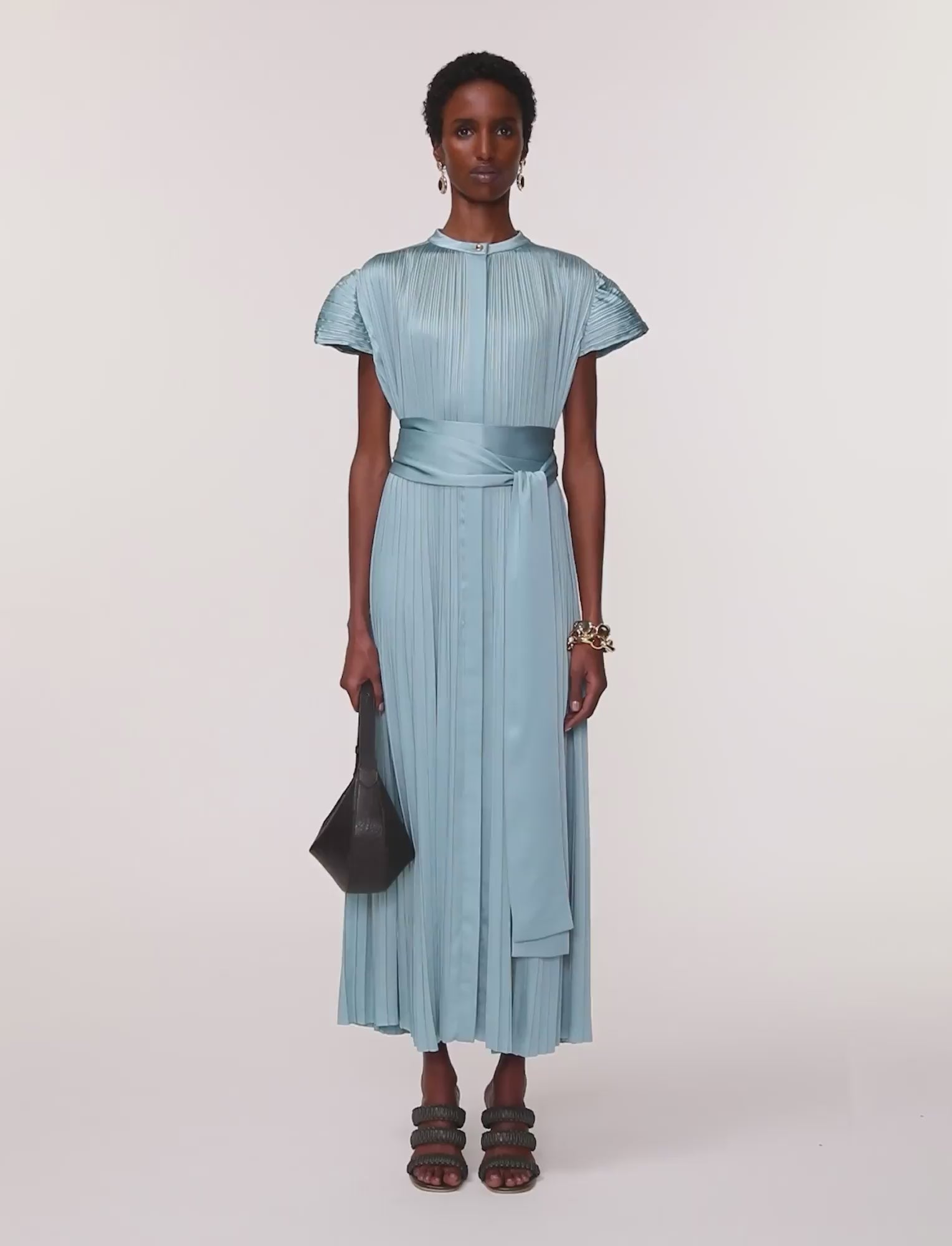 Phare Pleated Satin Dress in Blue | JOSEPH GB