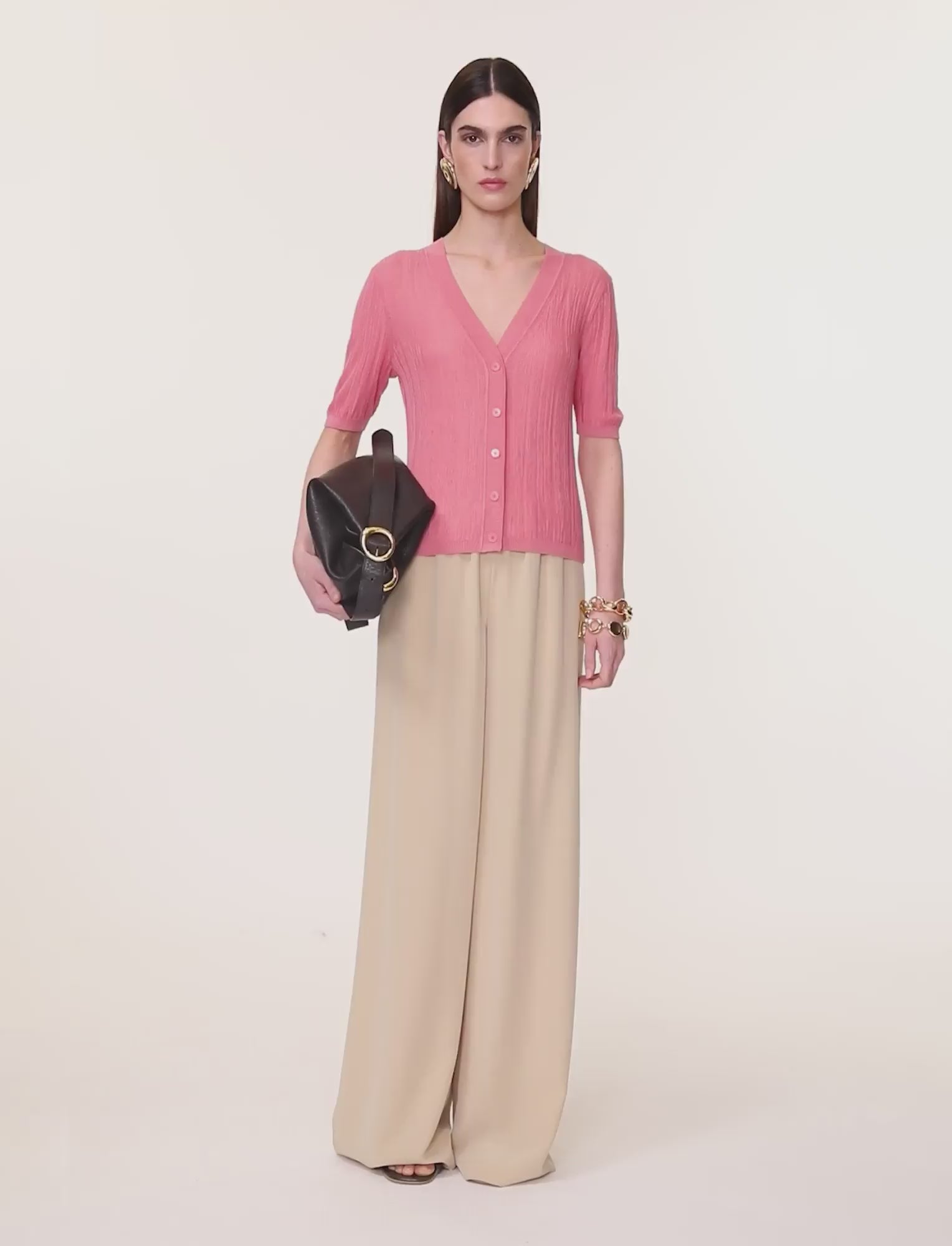 Sens Silk Cotton Rib Short Sleeve Cardigan in Pink | JOSEPH GB