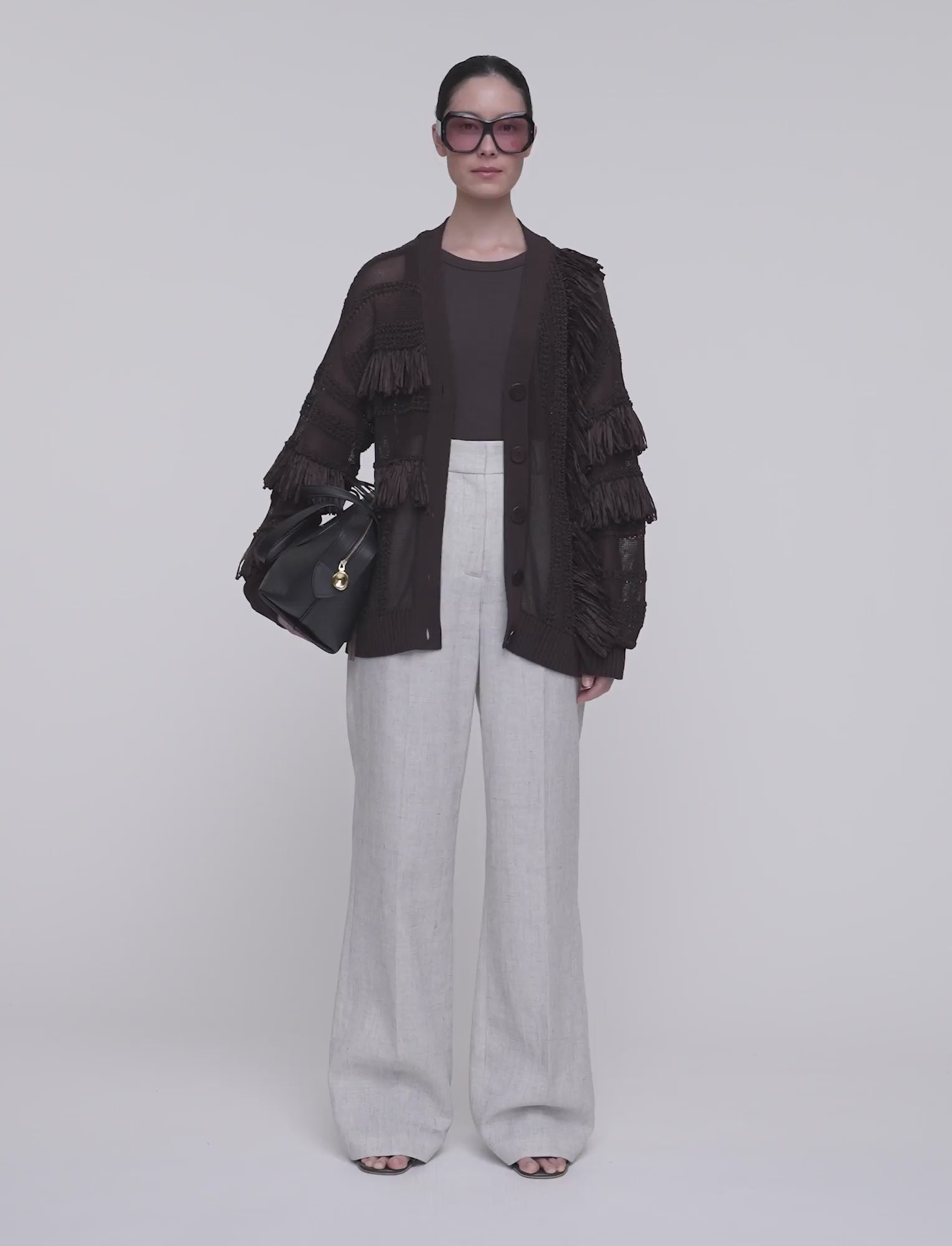 Musa Cotton Raffia Fringe Cardigan in Brown | JOSEPH US