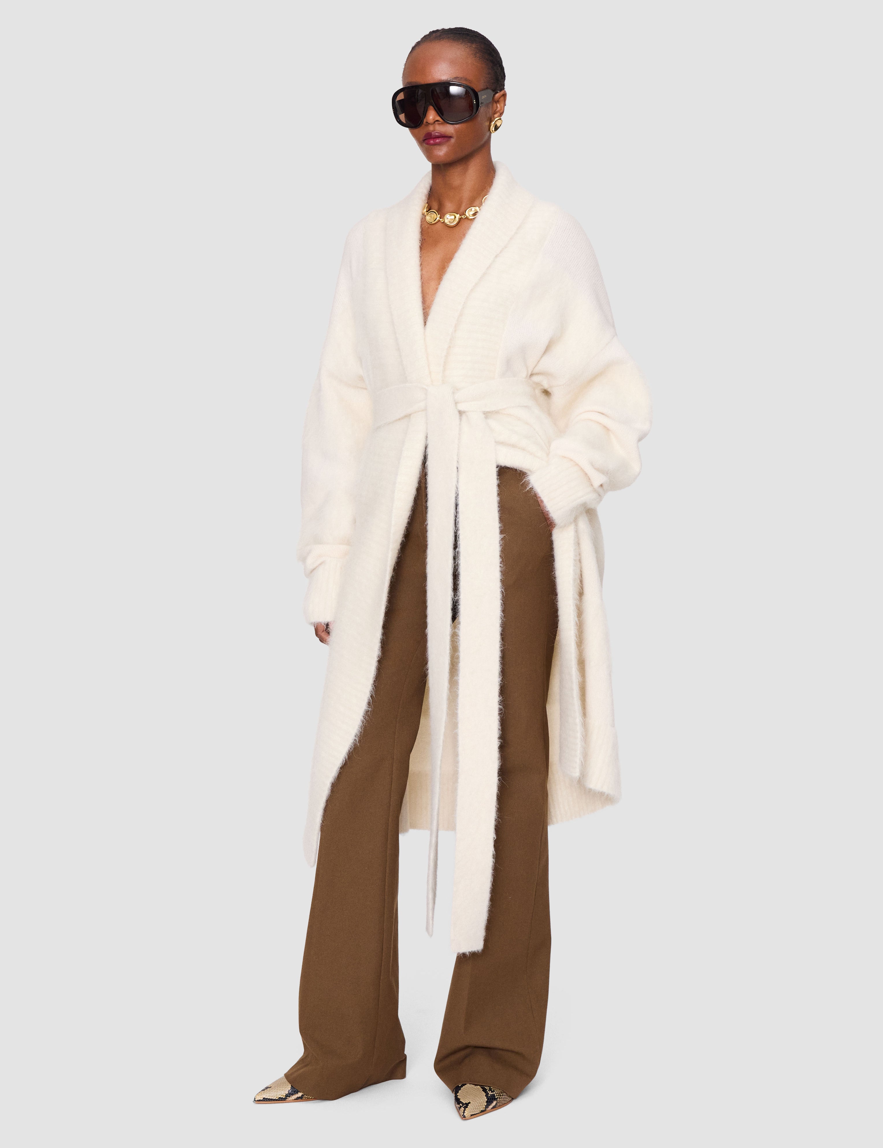 White Sammy Brushed Alpaca Striped Cardigan - Joseph