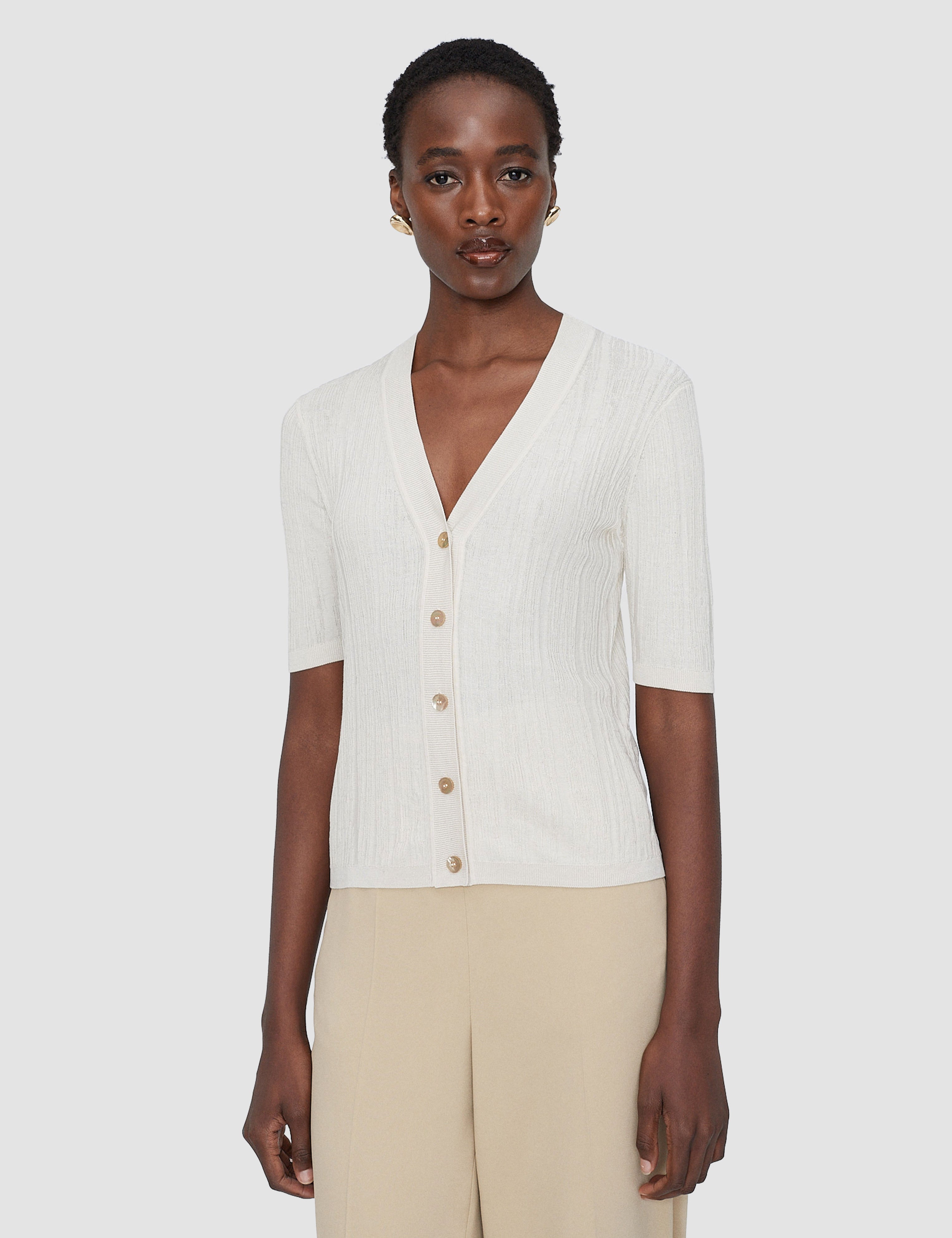 White Sens Silk Cotton Rib Short Sleeve Cardigan - Joseph