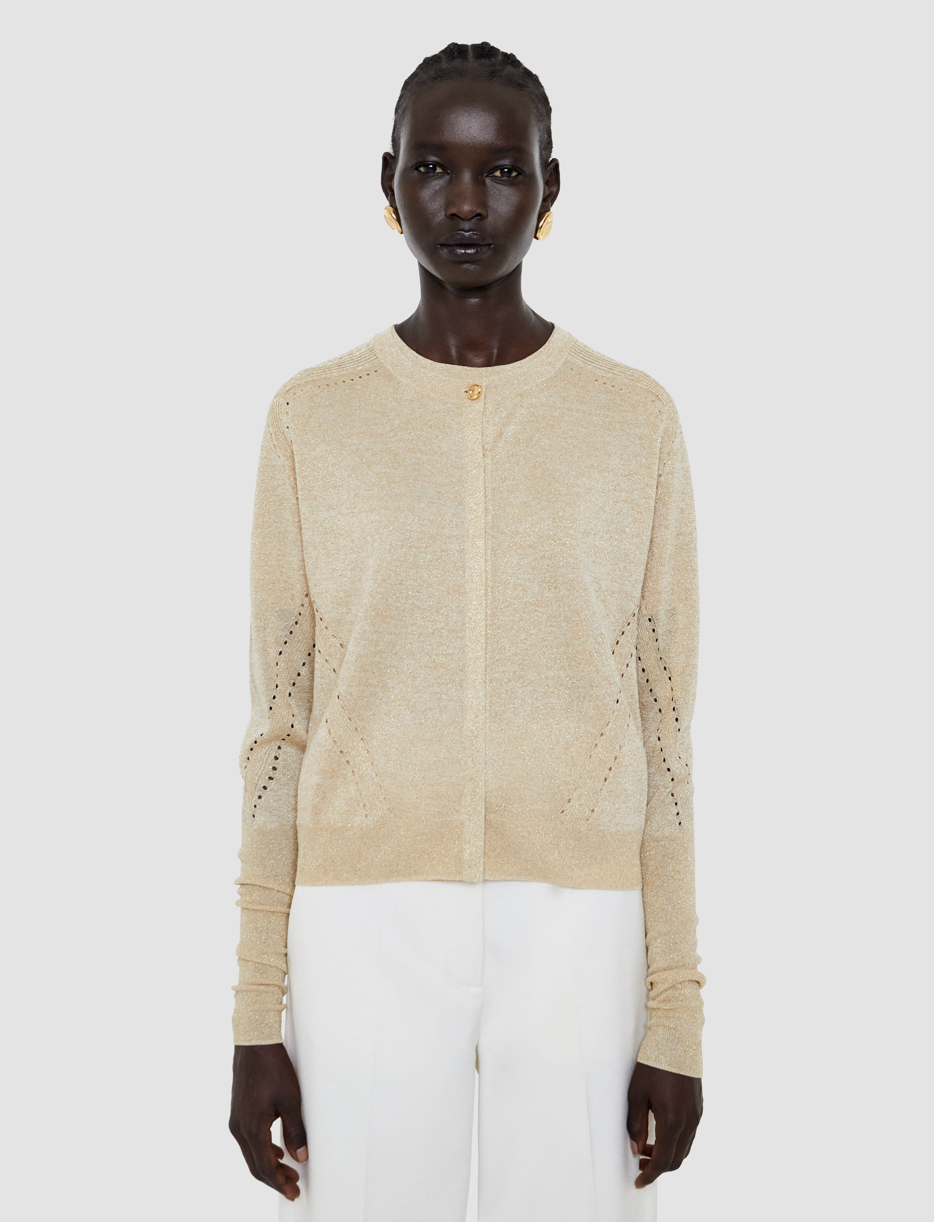 石田ゆりこ着用・Pale Jute cardigan Tasse Lurex Knit Cardigan in Gold | JOSEPH GB