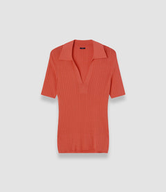 Orange Viscose Rib Knit Polo Top - Joseph