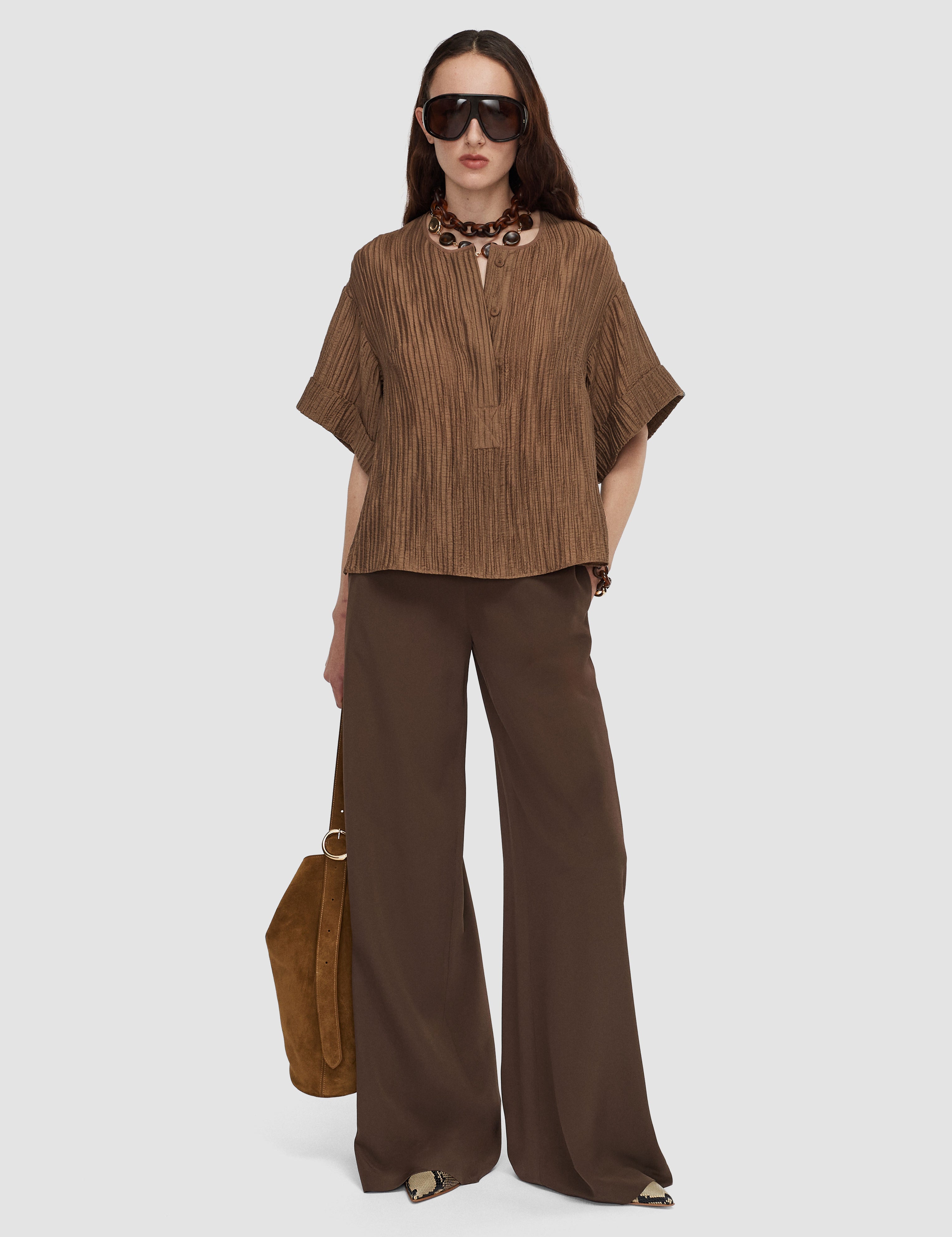 Brown Yani Fluid Crinkle Blouse - Joseph