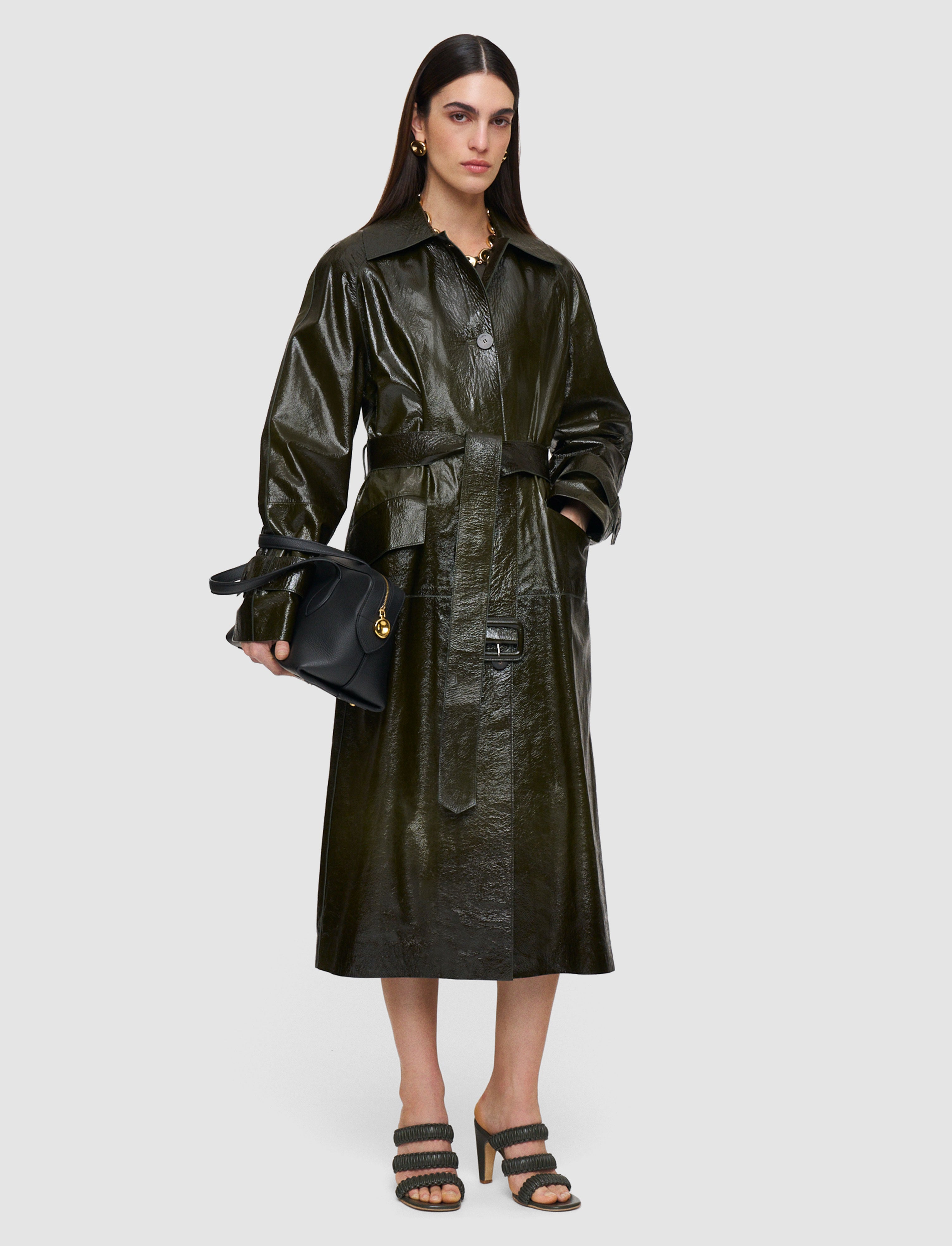 Zahia Textured Patent Leather Coat in Green | JOSEPH AT