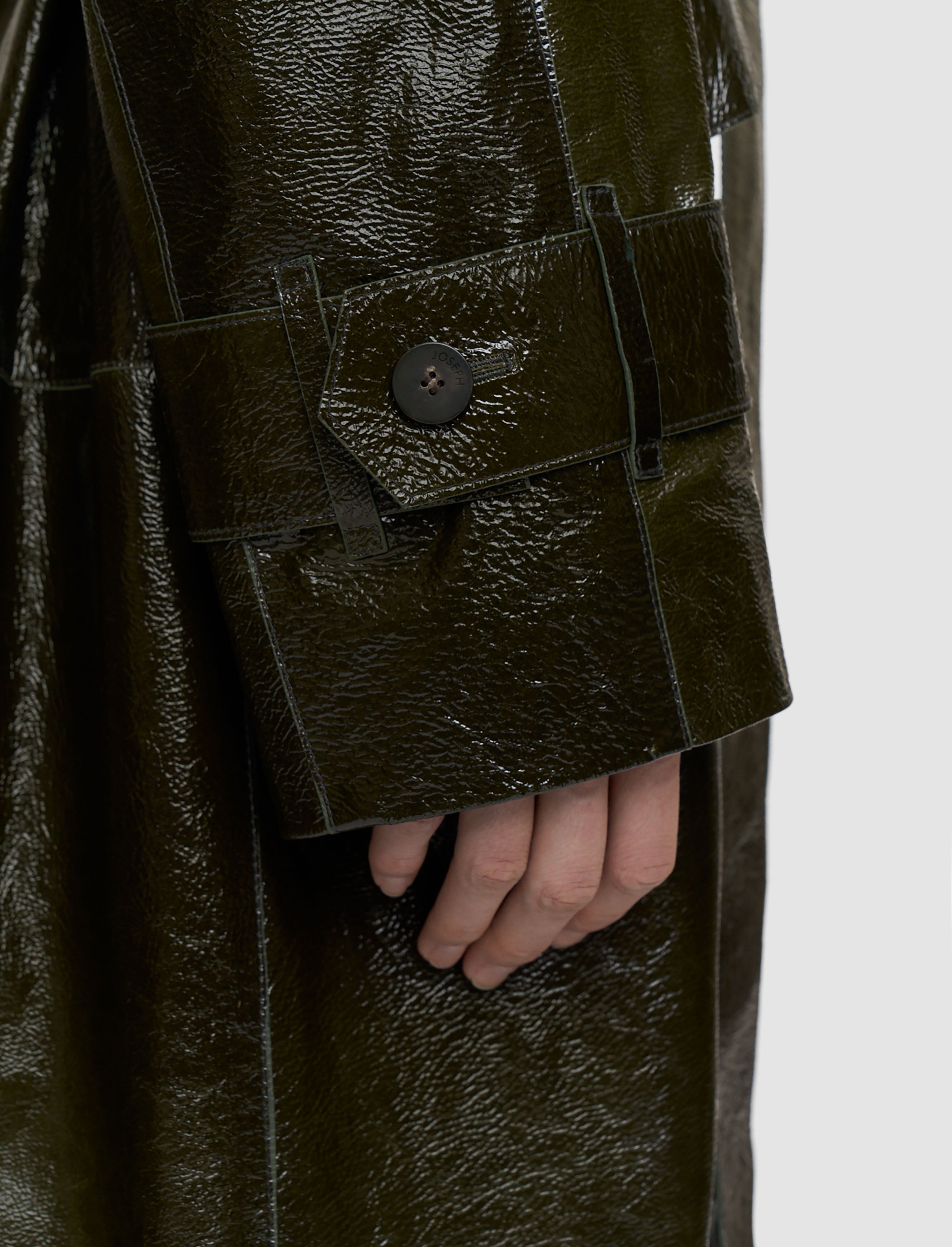 Zahia Textured Patent Leather Coat in Green | JOSEPH GB